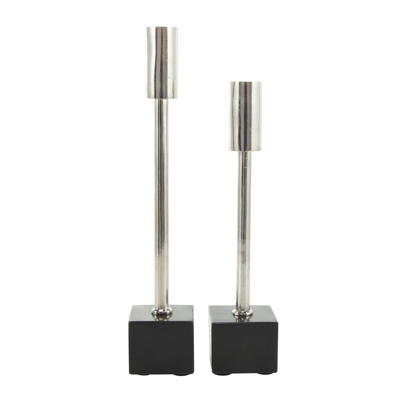 Aluminum Metal Slim Decorative Candle Holder with Black Block Bases - Set of 2 Silver or Black - Roche River Decor
