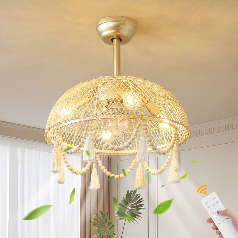 20" Boho Rattan Ceiling Fan 6-Speed Flush Mount with Light and Remote - 4-Light - 4-Light