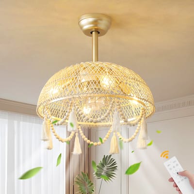 20" Boho Rattan Ceiling Fan 6-Speed Flush Mount with Light and Remote - 4-Light