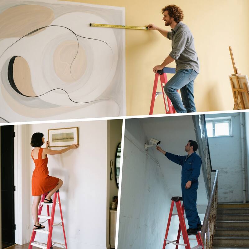 Anmytek Red Fiberglass Single Side Step Ladder Insulated Non Conductive Frame for Electrical Engineering and Home Maintenance