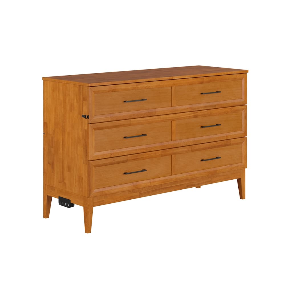 Solid Wood Murphy Bed Chest with Mattress & Charger - Space Saving Bed for Guest Room, Studio Apartment