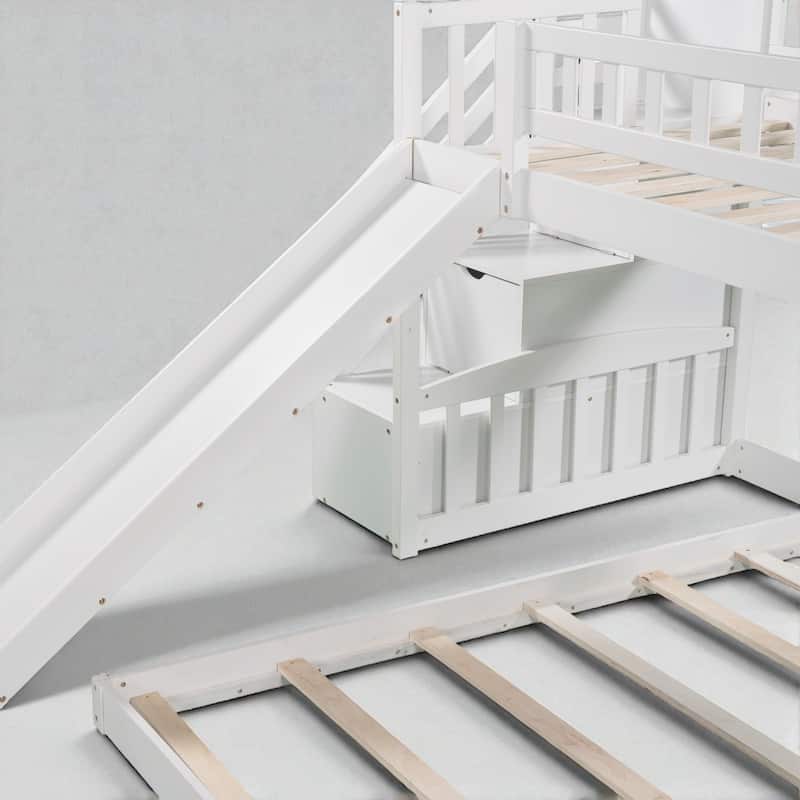 Stairway Twin over Twin Bunk Bed with Slide and 2 Drawers, Reversible Ladder and Guardrails