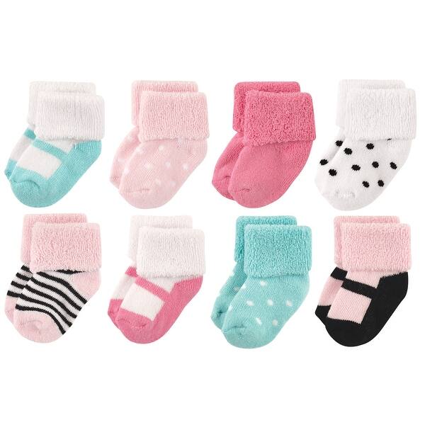 slide 1 of 1, Luvable Friends Baby Girl Newborn and Baby Terry Socks, Mint Pink Mary Janes Mint Pink Mary Janes 8-Pack - 0-6 Months