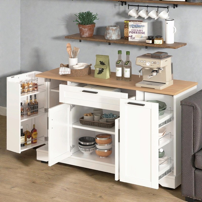 Multi-Functional Storage Sideboard & Extendable Dining Table with Adjustable Shelves, 3-Tier Pull-Out Rack