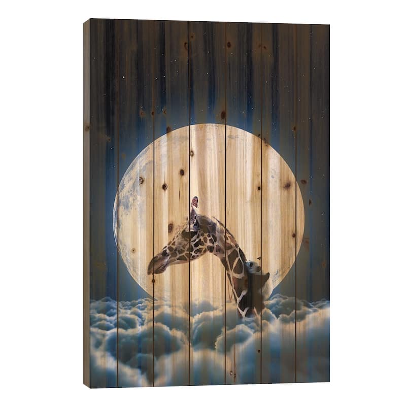 Giraffe And Cute Baby Panda In Front Of Full Moon Print On Wood by GEN Z - Multi-Color - 40x26x1.5