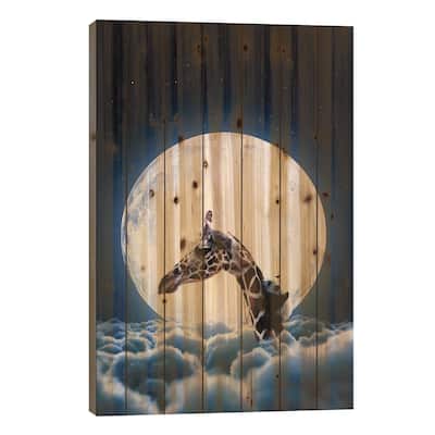 Giraffe And Cute Baby Panda In Front Of Full Moon Print On Wood by GEN Z - Multi-Color