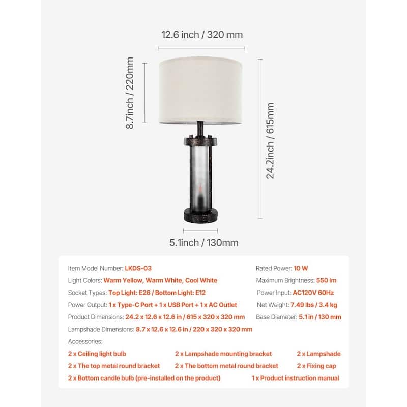 Set of 2 White-Black Table Lamp with Dual Lights USB-C, USB and AC Ports - 24.2 x 12.6 x 12.6 in