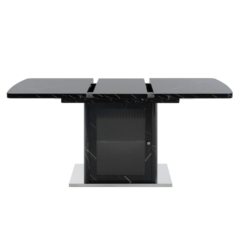 47-63" Modern Extendable Dining Table with Marble Top, Storage Leg & Metal Base