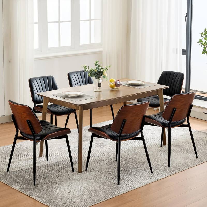 Dining Chairs Set of 2, Modern PU Leather Upholstered Accent Chairs with Shell Strips, Walnut Bentwood Back