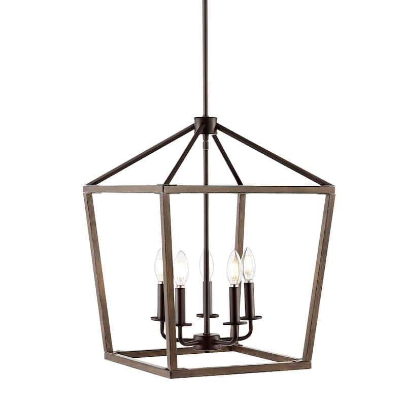 Oria Iron Farmhouse Industrial Lantern LED Pendant, Oil Rubbed Bronze/Faux Wood by JONATHAN Y