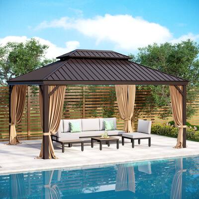 10' x 12' Hardtop Aluminum Permanent Gazebo Canopy with Netting & Curtains