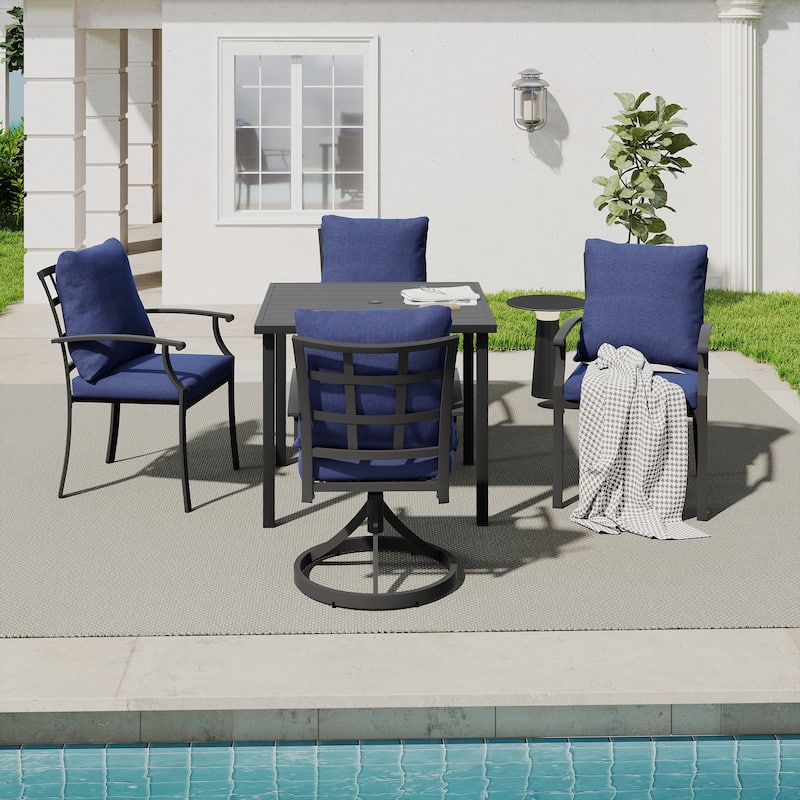 IvyGlow 5-Piece Black Metal Patio Dining Set with Square Table, 2 Swivel Dining Chairs and Gray Cushions