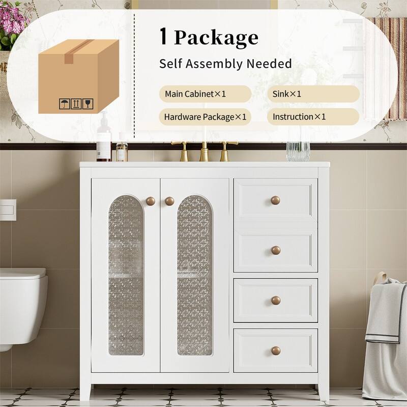 36'' Bathroom Vanity with Ceramic Sink Top, Bathroom Storage Cabinet with 2 Soft Close Doors, 3 Drawers and Adjustable Shelf