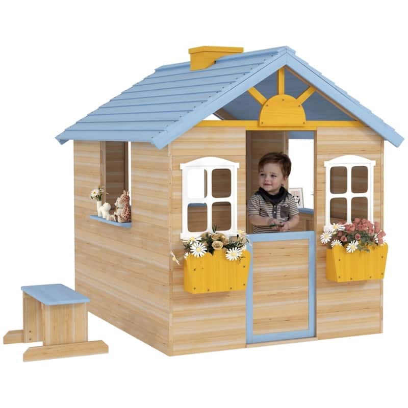 Natural Wood Kids Outdoor Playhouse with Bench Service Station and Flowerpot Holders for Backyard Fun Ages 3 to 7