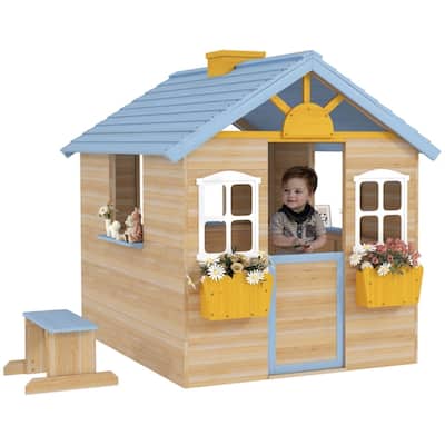Natural Wood Kids Outdoor Playhouse with Bench Service Station and Flowerpot Holders for Backyard Fun Ages 3 to 7