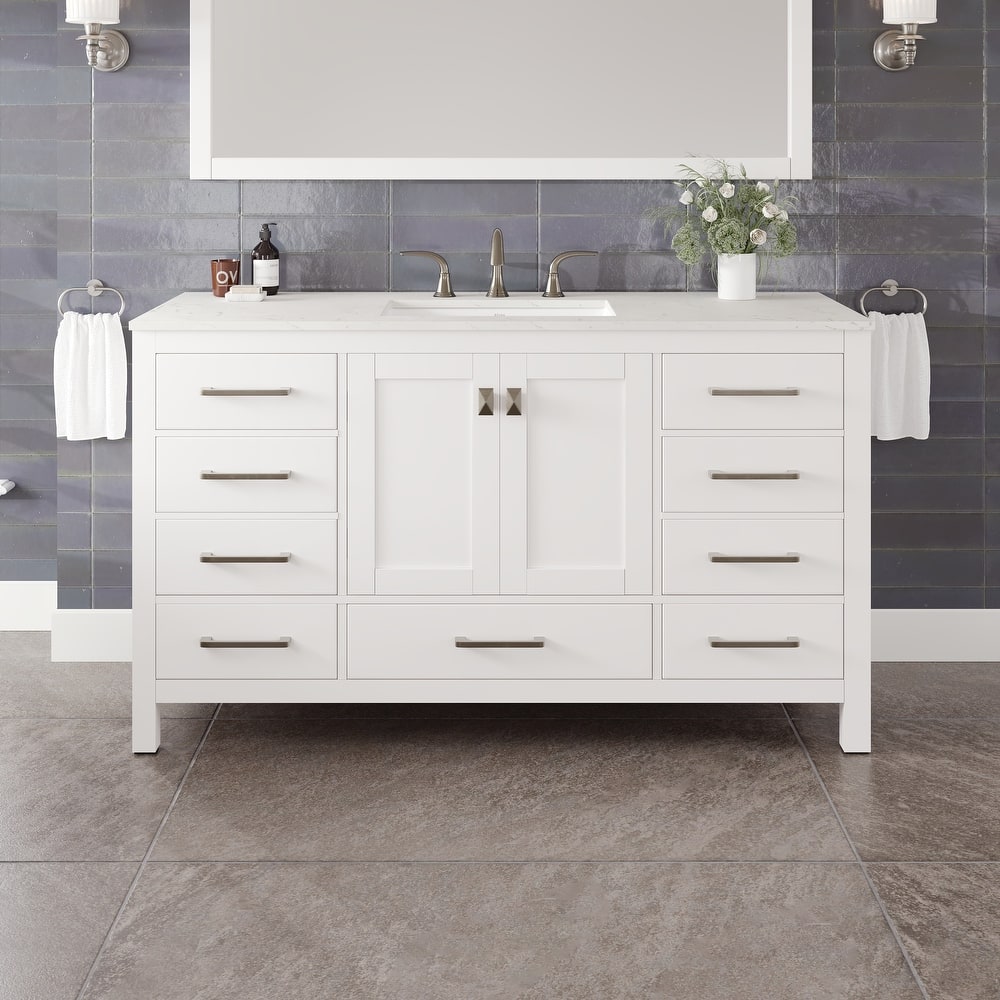 Eviva Aberdeen 60"W SS Bath Vanity with WH Carrara Quartz Top
