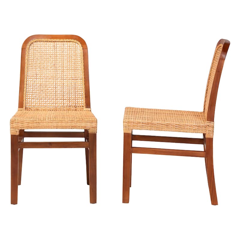 Caspia Mid-Century Mahogany Wood/ Natural Rattan 2-Piece Dining Chair Set