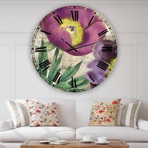 Designart 'Purple Peonies' Oversized Cottage Wall Clock