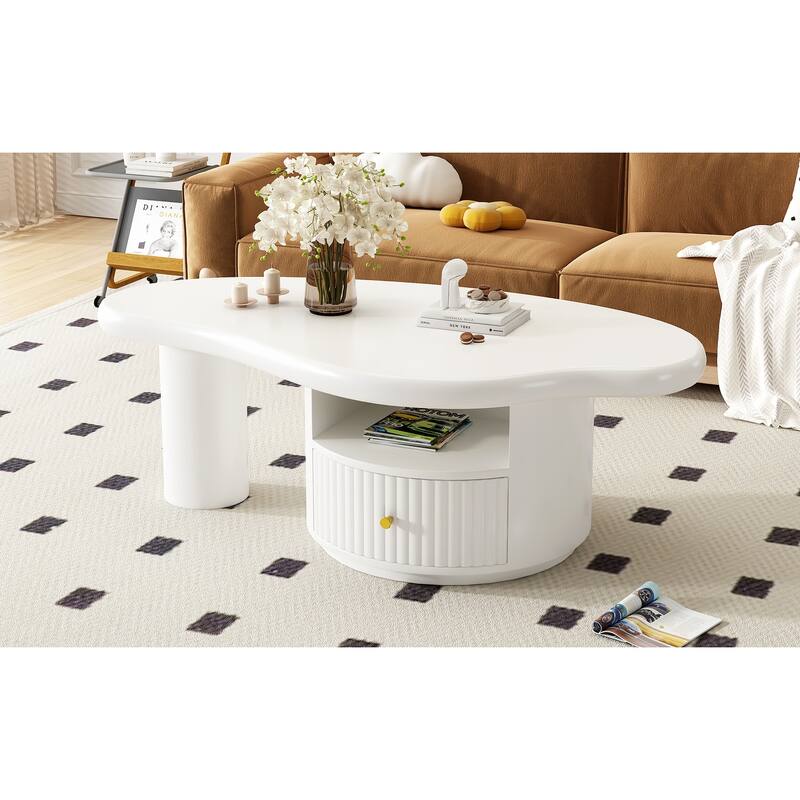 Roomfitters Cloud Coffee Table with Drawer and Open Shelf, Irregular Shape Accent Table for Stylish Living Room, White