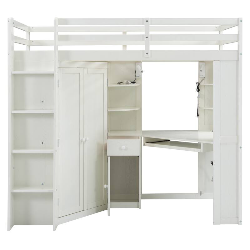 Twin Loft Bed with Integrated Wardrobe, Desk, Charging Station & Spotlights