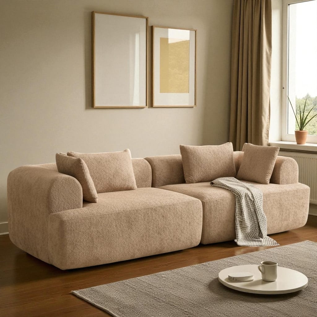 96" Full-Foam Modular Boucle Sectional Sofa, 2-Piece Low-Profile Couch with Rounded Arms