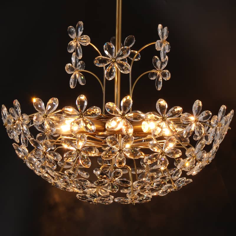 8-Light Brass Crystal Floral Basket Chandelier with Daisy-Inspired Accents for Living Spaces
