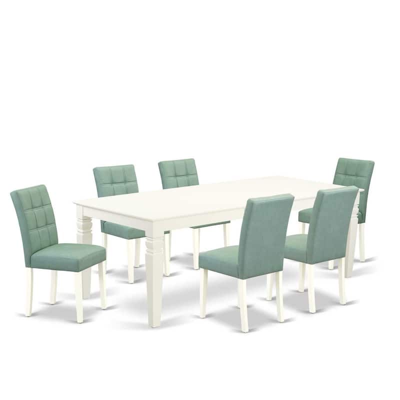 7 Piece Dining Set - Rectangle Table with 6 Chairs - Linen White & Willow Green