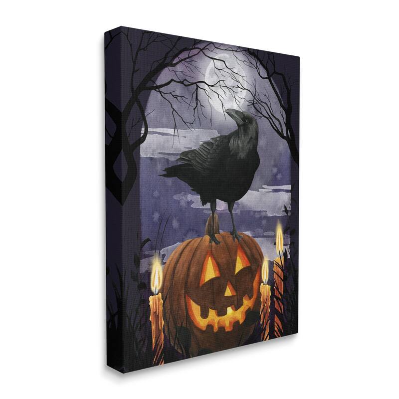 Stupell Spooky Halloween Night Sky Crow Jack-o'-lantern Full Moon Canvas Wall Art - Orange