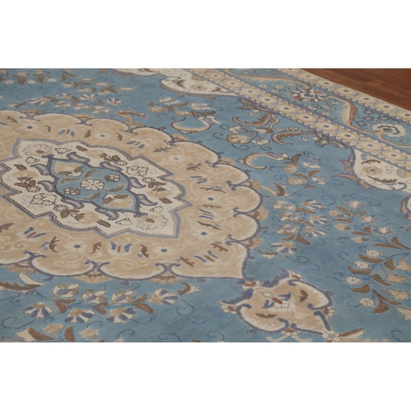 Light Blue Tabriz Persian Vintage Area Rug Hand-Knotted Wool Carpet - 9'7"x 12'6"