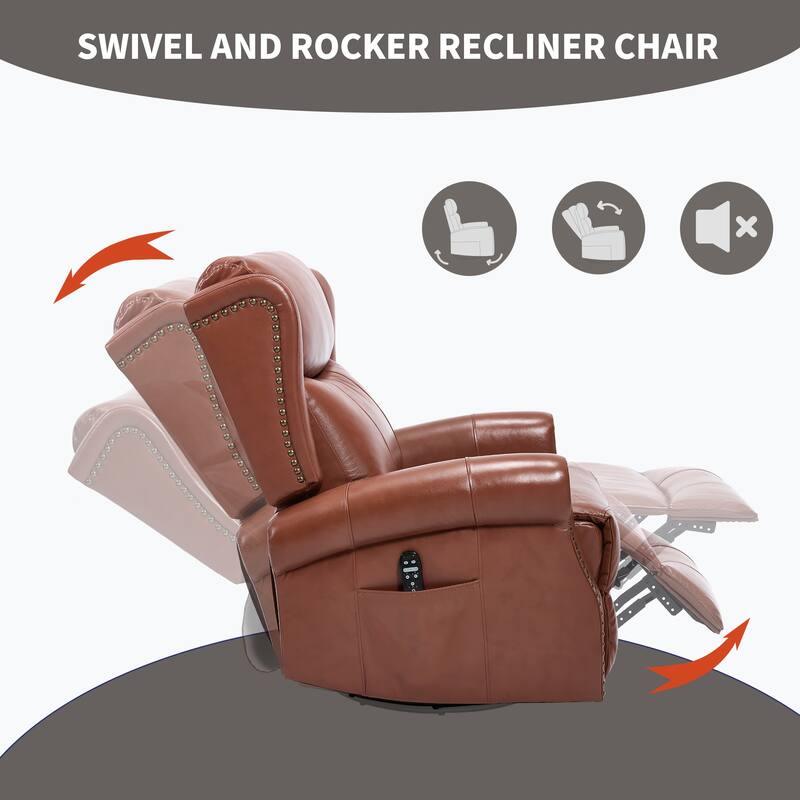 Genuine Leather Swivel Recliner Chair, Sofa Chair with Side Pockets, Manual Recliner Chair with Heat & Massage