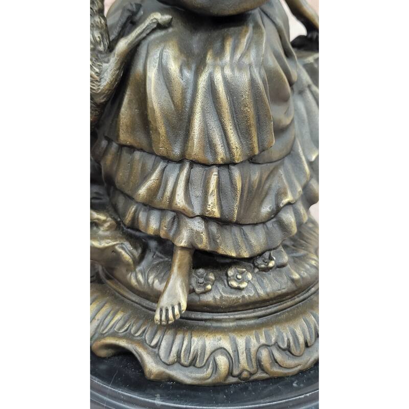 Charming Bronze Sculpture Of Young Girl With Basket Of Flowers And Playful Lamb – Classic Art Figurine On Marble Base