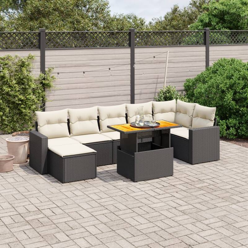 vidaXL Patio Sofa Set with Cushions Outdoor Conversation Furniture Poly Rattan - 21.7 x 39.4 x 28.7 - Black+Cream-3 corner+3 middle+table+footrest