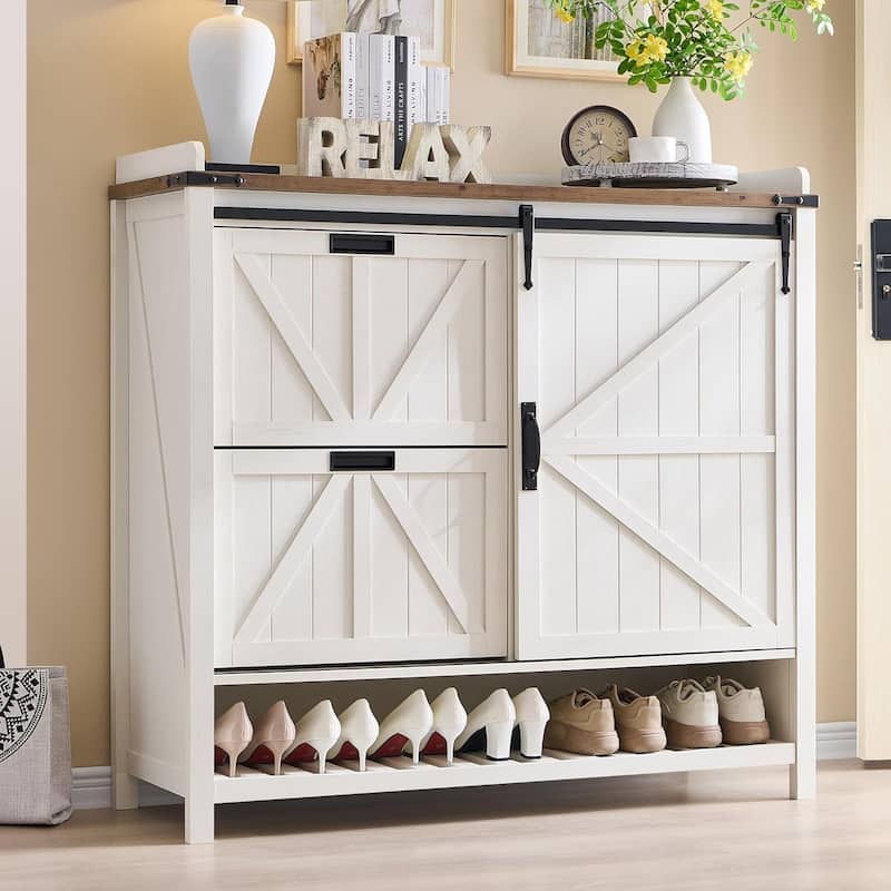 Farmhouse Shoe Storage Cabinet, Shoe Organizer, Shoe Rack Cabinet - Antique White