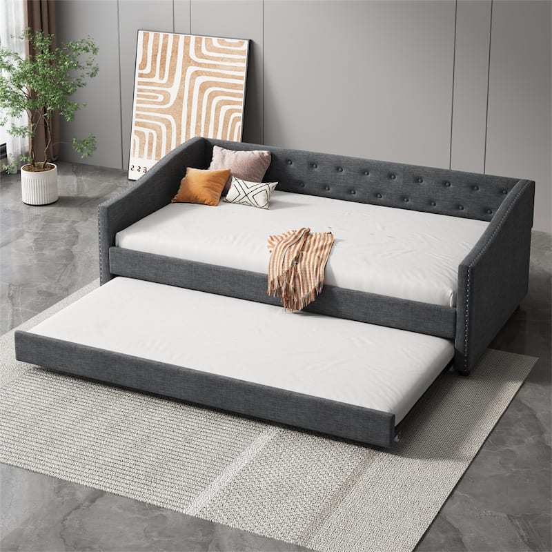 Twin Size Upholstered Tufted Daybed with Trundle and Copper Nail - Dark Grey
