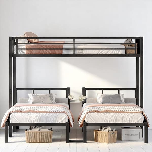 slide 2 of 12, Triple Bunk Bed,Metal Twin Over Twin & Twin Beds with Ladder, Guardrails, Shelf & Table, Convertible L-Shaped Design Black - Twin