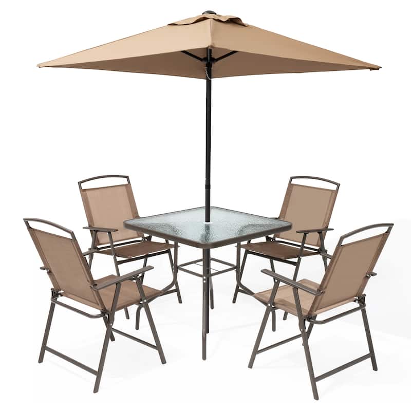 Pellebant 6 Piece Patio Set with Table, Umbrella and 4 Folding Chairs - 22.4"Wx26.8"Dx34.4"H