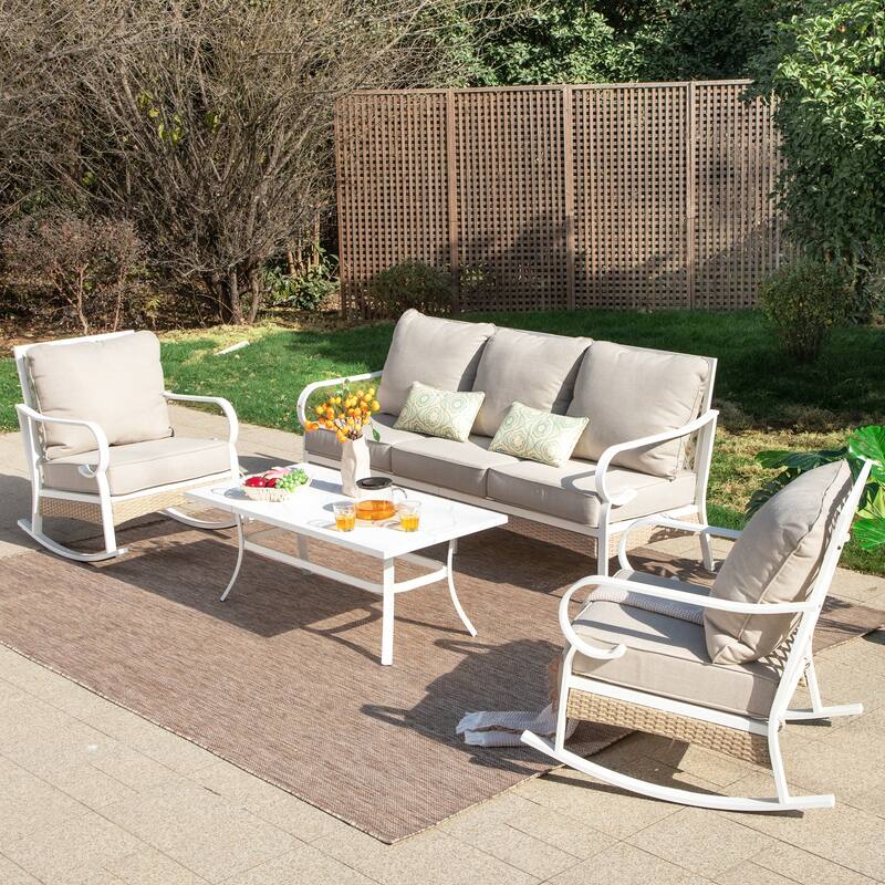 MAISON ARTS 5-Seat Patio Furniture Set, 2 x Cushioned Metal Chair, 1 x 3-Seat Sofa with Marbling Coffee Table