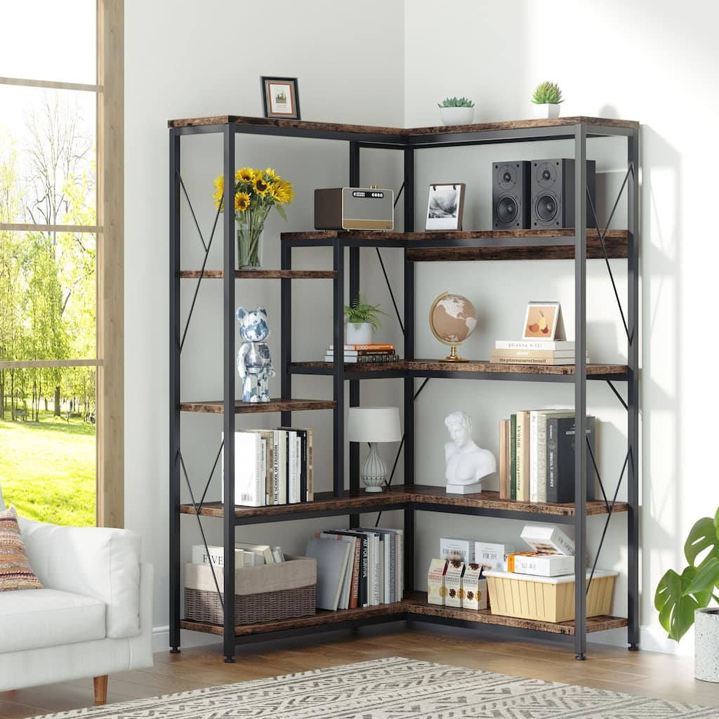 Futzca L-Shaped Corner Bookshelf, Industrial Style Storage Shelf
