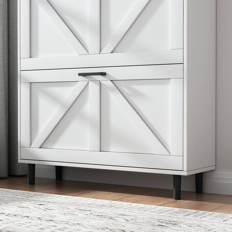 Farmhouse Shoe Storage Cabinet with Barn Door Design, Shoe Organizer with 2 Flip Drawers
