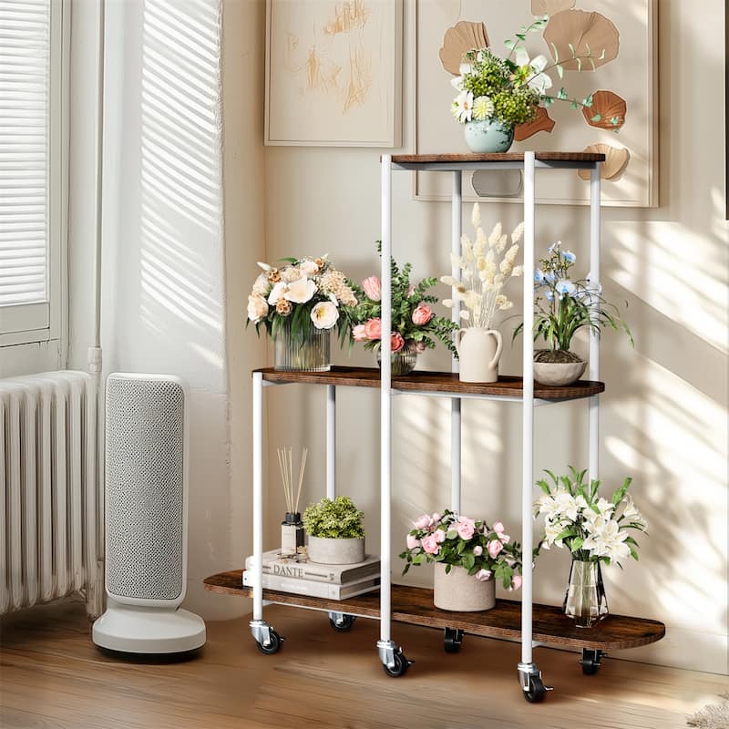 Corner 3 Tiered Flower Plant Shelf Sofa Side Storage Floor Stand with Wheels Indoor