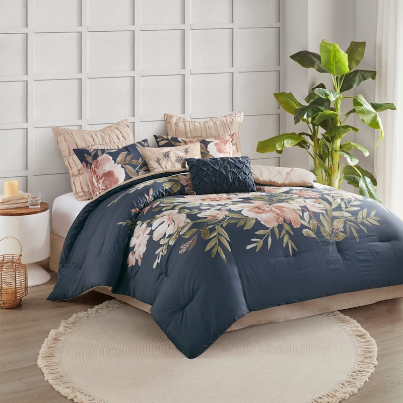 GDF Studio - Camillia 8-Piece Cotton Comforter Set with Decorative Pillows - Navy