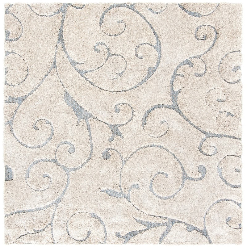 SAFAVIEH Florida Shag Shahin Scroll 1.2-inch Thick Textured Rug - 6'7" Square - Beige/Blue Grey