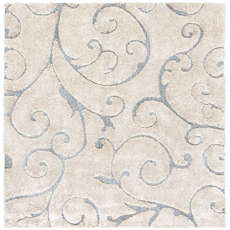 SAFAVIEH Florida Shag Shahin Scroll 1.2-inch Thick Textured Rug - 6'7" x 6'7" Square - Beige/Blue Grey