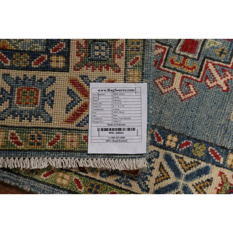 Blue Geometric Kazak Foyer Rug Oriental Handmade Wool Carpet - 2'8"x 4'1"