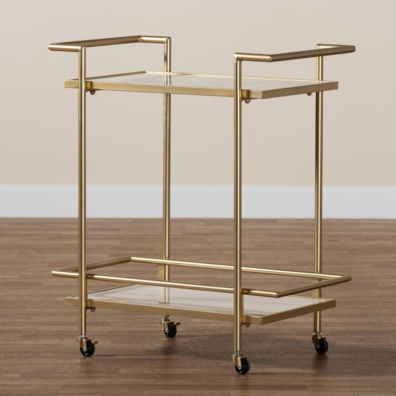 Louise Contemporary Glam and Luxe Gold Metal and White Marble 2-Tier Wine Cart
