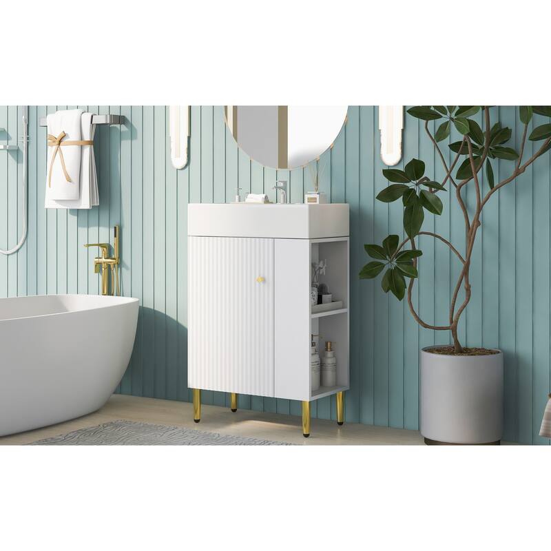 Anmytek 21.6 Inch White Bathroom Vanity Cabinet with Single Ceramic Sink and Right Side Storage