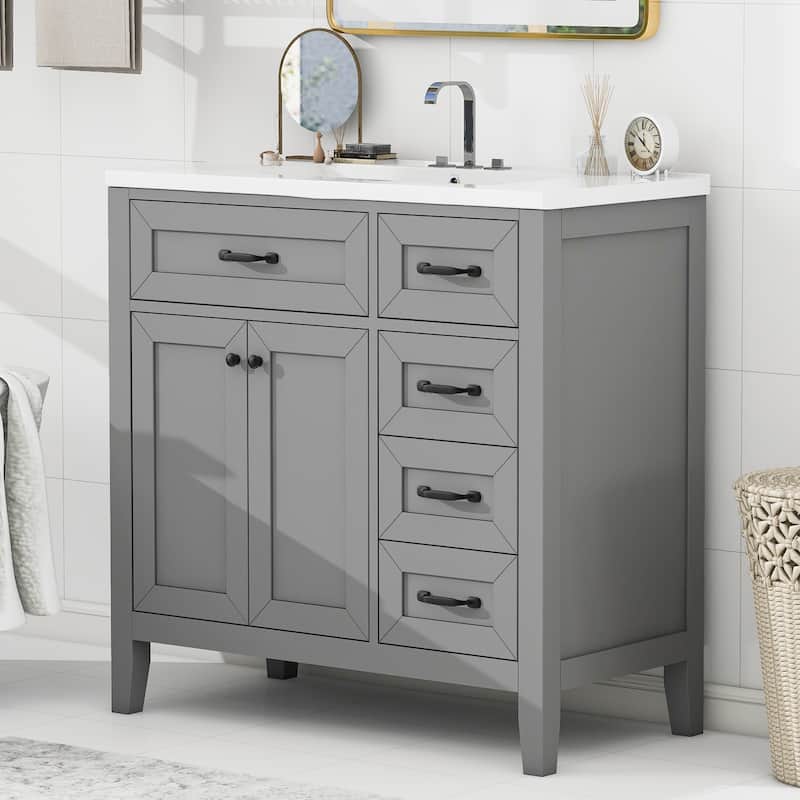 36" Bathroom Vanity Cabinet with Ceramic Sink Combo, Gray - 36 Inch