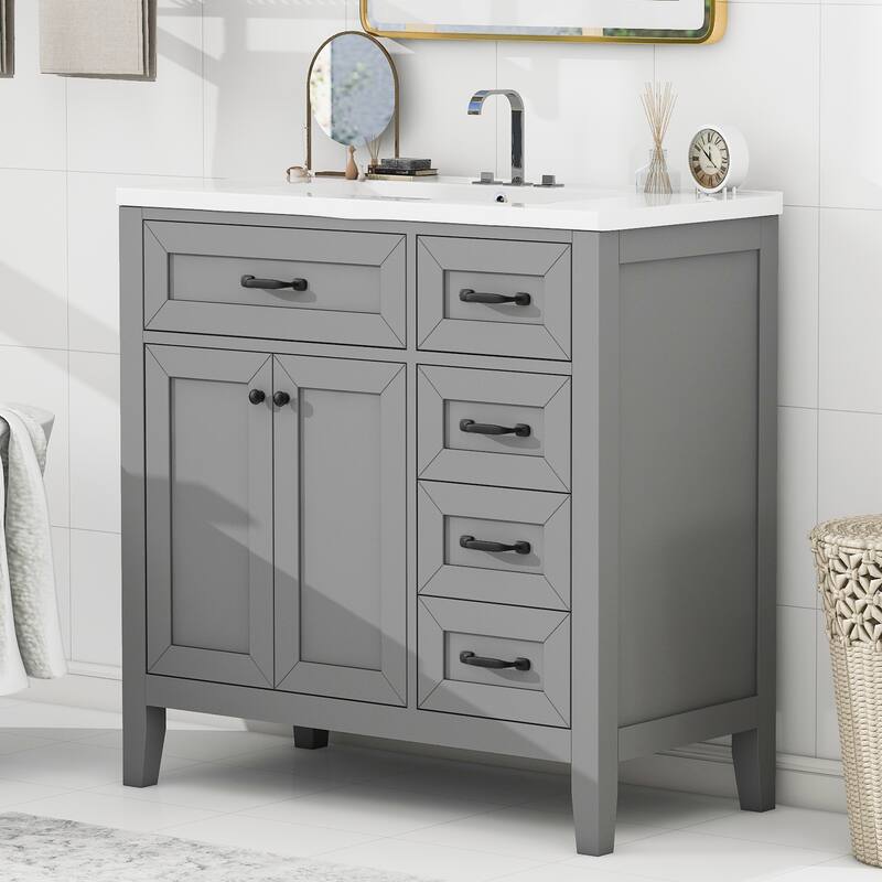 GDFStudio - Avalon 36-Inch Bathroom Vanity with Sink Combo, Multi-functional Cabinet, Solid Wood & MDF Board, Painted Finish - 36" - Gray