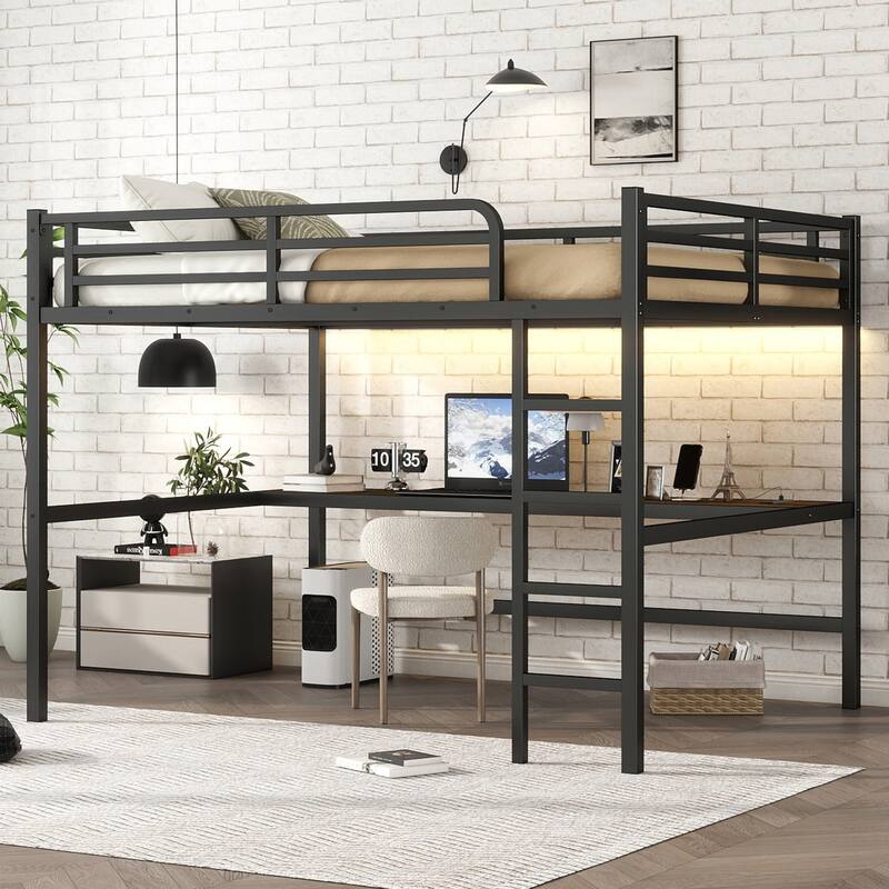 Metal Queen Size Loft Bed with Power Outlet and LED Lighted - Black