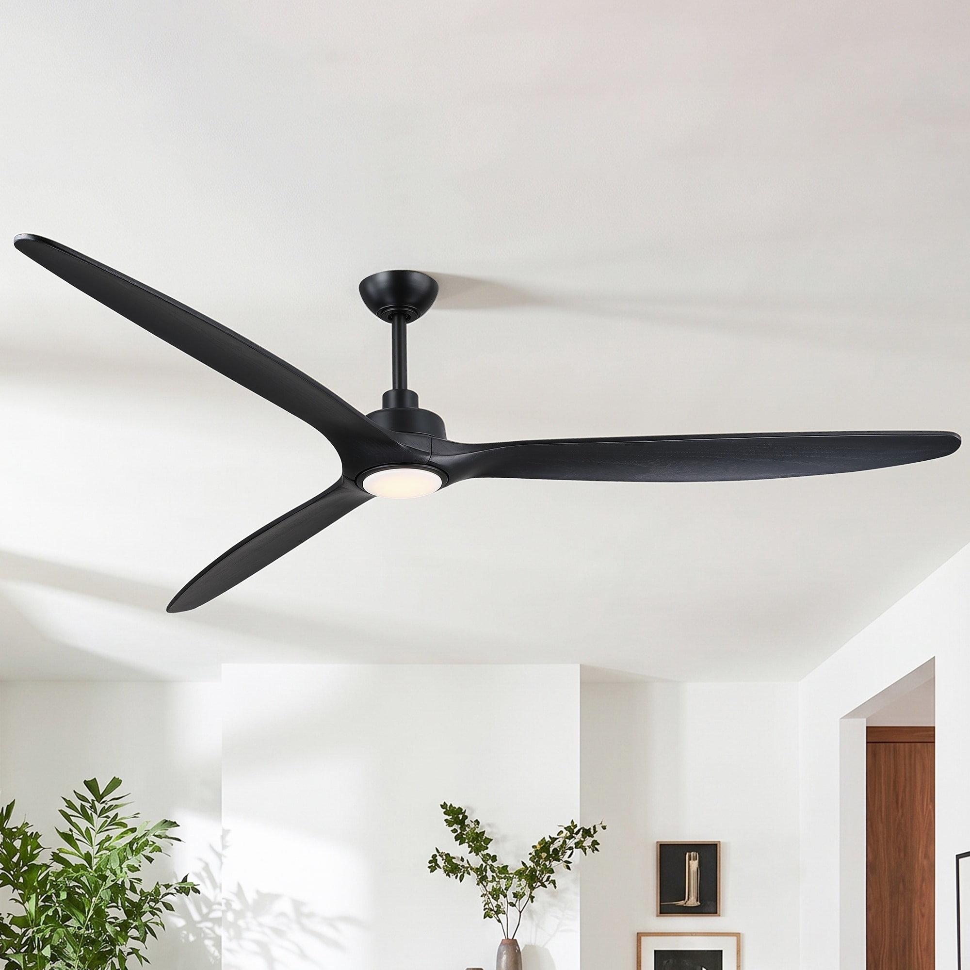 80 Inch Black Modern Large Solid Wood 6-Speed Dimmable Ceiling Fan with Light Remote
